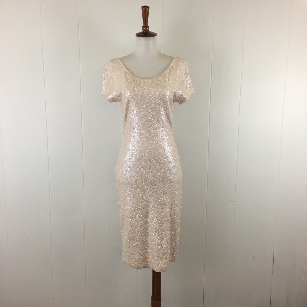 Carmen Marc Valvo Sequin Beaded Short Sleeve Dress
